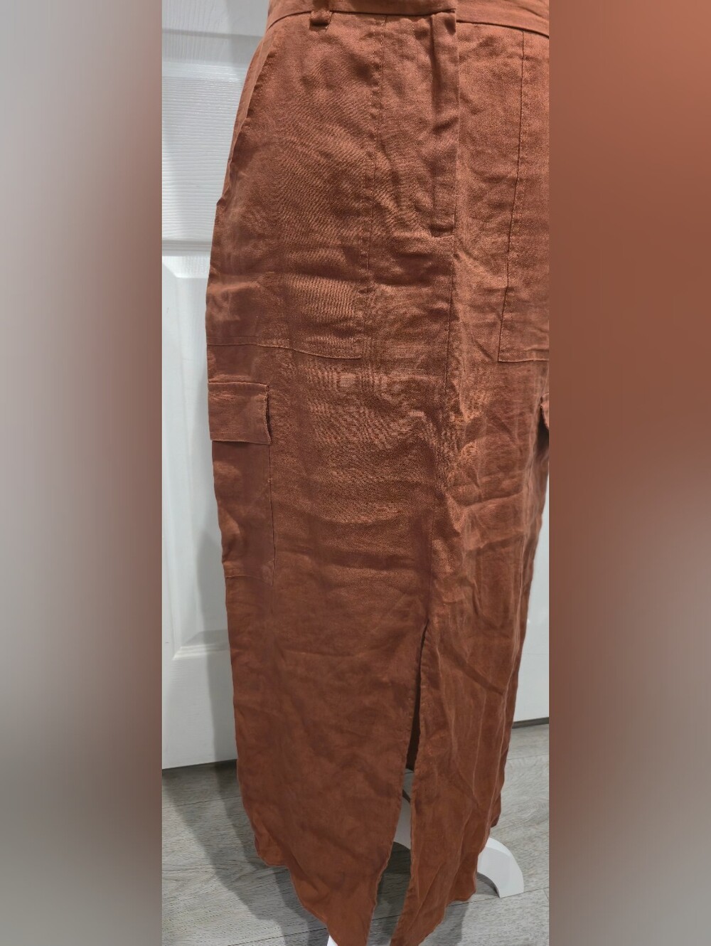 Magaschoni 100% Linen Cargo Midi Skirt Size 6 Rust Brown Utility Maxi Skirt - Picture 9 of 13